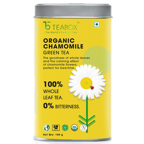 Teabox Organic Chamomile Green Tea For Stress Relief & Good Sleep Made with 100 % Whole Leaf & Natural Chamomile Flowers, 100 grams