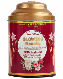 Sancha Tea Boutique Glowing Beauty Tea, Herbal Tea Bags, Caffeine Free (Pack of 25) 100% Biodegradable Pyramid Tea Bags, Helps Skin Detox for Rich Clear Glowing Skin