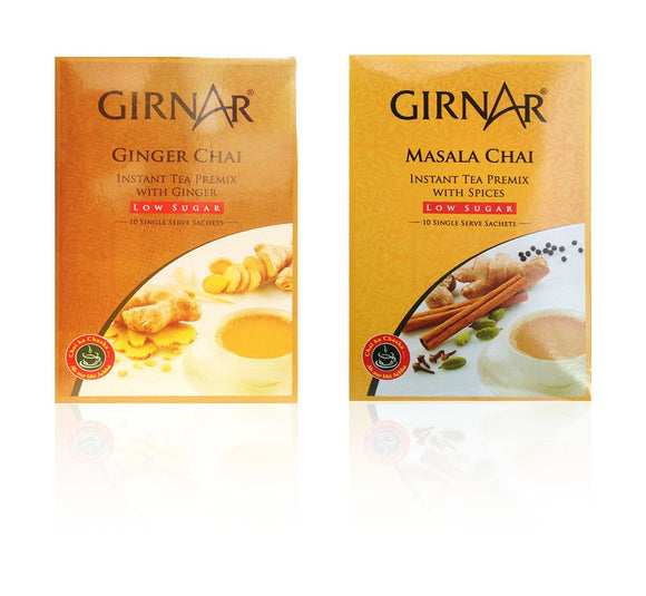 Girnar Instant Masala & Ginger Tea Low Sugar - 80 Grams, 10 Sachets Each (Combo of 2)