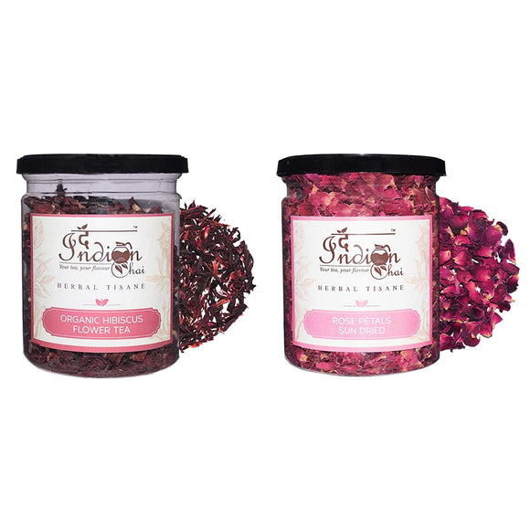 The Indian Chai - Organic Hibiscus Flower Tea and Rose Petals Sun Dried Combo, 50g Each, Herbal Tea, Caffeine Free