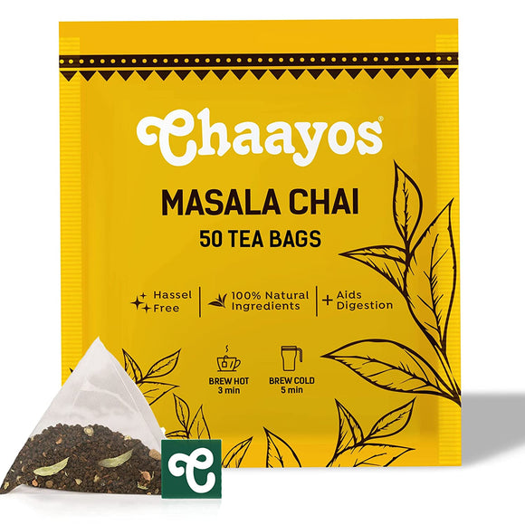 Chaayos Masala Chai Tea Bags - Premium Assam Black Tea with 100% Natural Spices - [50 Tea Bags]