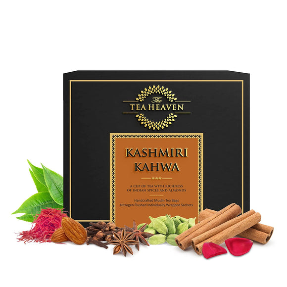 The Tea Heaven | Diwali Gift - Kashmiri Kahwa-Blended with Almonds, Saffron, Spices- 100 % Natural Ingredients- 17 Tea Bags(16+1 Free Sample)