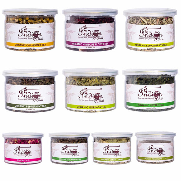 The Indian Chai - Combo, Chamomile Tea, Hibiscus Tea, Lemongrass, Peppermint, Moringa, Nettle, Rose, Spearmint, Senna and Rosemary Tea, All Organic Caffeine Free, Herbal Tea, 25g each, (10 x 25g)