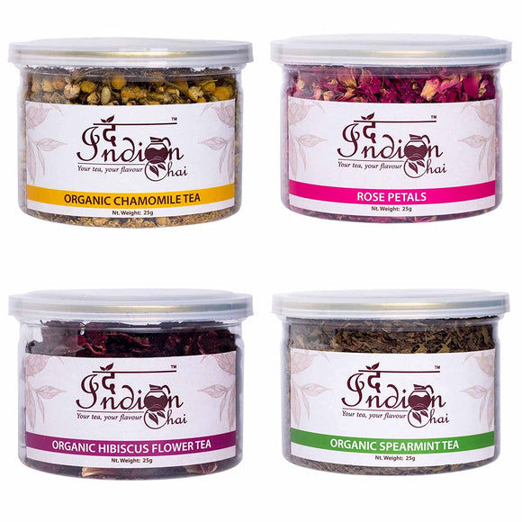 The Indian Chai - Combo, Chamomile Tea, Rose Petals, Hibiscus Tea and Spearmint Tea, for Sleep, Stress, Cholesterol and Immuntiy, All Organic Caffeine Free, Herbal Tea, 25g each, (4 x 25g)