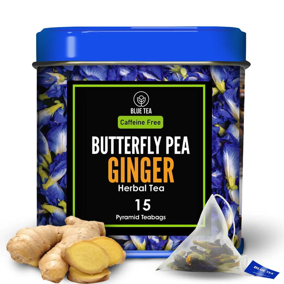 BLUE TEA - Butterfly Pea Flower Ginger - 15 Pyramid Tea Bags | Premium Tin Pack | Makes Natural Blue Purple Pink Iced Tea, Cooler, Cocktails , Mocktails | Herbal Tea - Tisane - High on Anti Oxidants