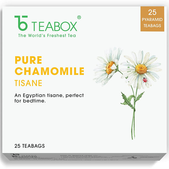 Teabox Pure Chamomile Tea | 25 Pyramid Tea Bags | For Stress Relief & Good Sleep, Made with Only 100 % Natural Chamomile Flowers | 0% Caffeine