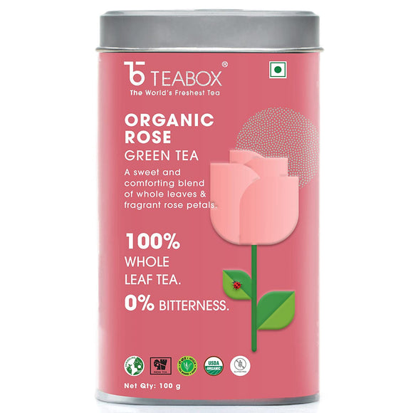 Teabox Organic Rose Green Tea Loose Leaves 100 Grams | For Glowing Skin | Made with 100% Whole Leaf & Natural Rose Petals