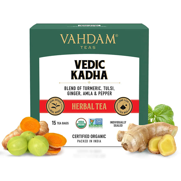 VAHDAM - Organic Ayurvedic Kadha Tea 15 TBS | Herbal Tea for Immunity | Grandma's Kadha with Tulsi, Amla, Turmeric, Ginger, Black Pepper, Fennel, Cumin and Cloves - 15 Ayush Kadha TBS