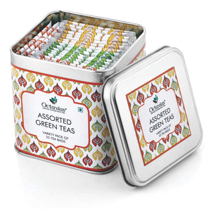 Octavius 3 Assorted Green Teas Flavors | Pure Green, Lemon Green, Cinnamon Anise | Packed in An Elegant Gift box | Perfect for Gifting | Slimming and High in Antioxidants | In Tin Box - 25 Teabags