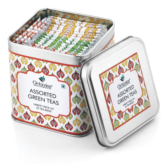 Octavius 3 Assorted Green Teas Flavors | Pure Green, Lemon Green, Cinnamon Anise | Packed in An Elegant Gift box | Perfect for Gifting | Slimming and High in Antioxidants | In Tin Box - 25 Teabags