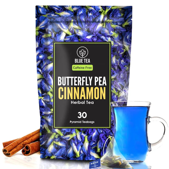 BLUE TEA - Butterfly Pea Cinnamon Herbal Tea - 30 Pyramid Tea Bags | Premium Zipper Pack | Caffeine Free - For Healthy Skin and Hair