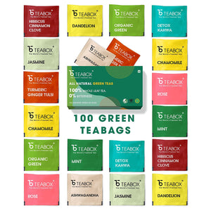 Teabox Assorted Green Tea Bags 100 pcs | 100% Natural Immunity Boosting Sampler Pack | USDA Certified Organic Green Tea | 10 Teabags of 10 Flavours Each