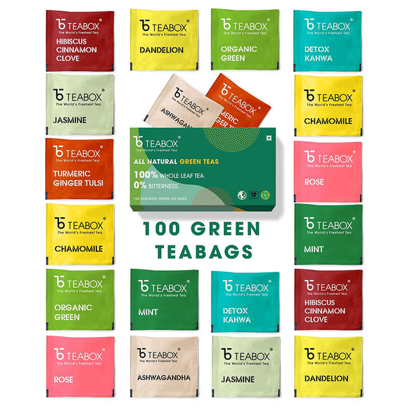 Teabox Assorted Green Tea Bags 100 pcs | 100% Natural Immunity Boosting Sampler Pack | USDA Certified Organic Green Tea | 10 Teabags of 10 Flavours Each