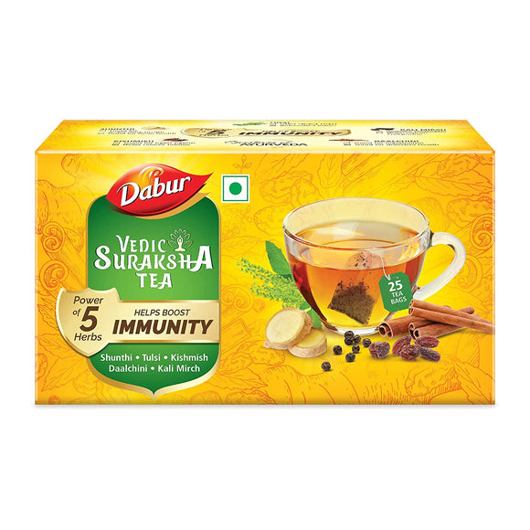 Dabur Vedic Suraksha Black Tea | Builds Immunity | Contains Ayurvedic Herbs Like Tulsi , Daalchini , Shunthi , Black Pepper and Kishmish -25 Tea Bags