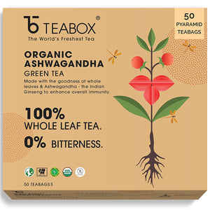 Teabox Ashwagandha Green Tea Bags 50 pcs | For Immunity Boosting & Improved Memory | Made with 100% Whole Leaf, Natural Ashwagandha & Cardamom