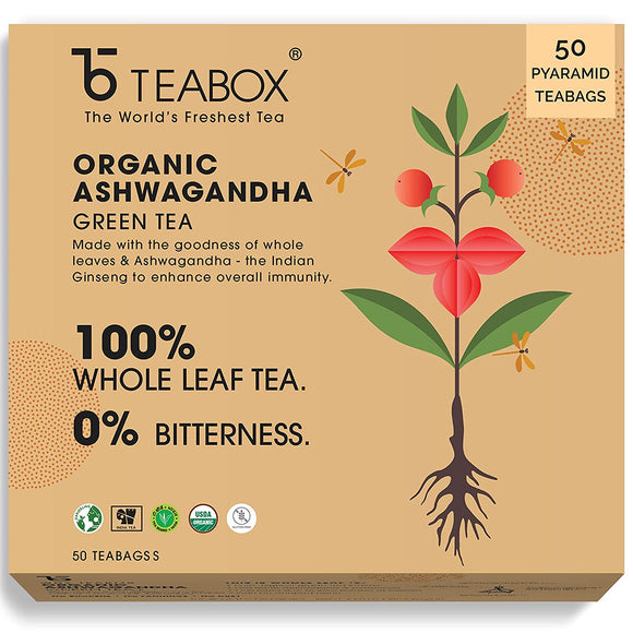 Teabox Ashwagandha Green Tea Bags 50 pcs | For Immunity Boosting & Improved Memory | Made with 100% Whole Leaf, Natural Ashwagandha & Cardamom