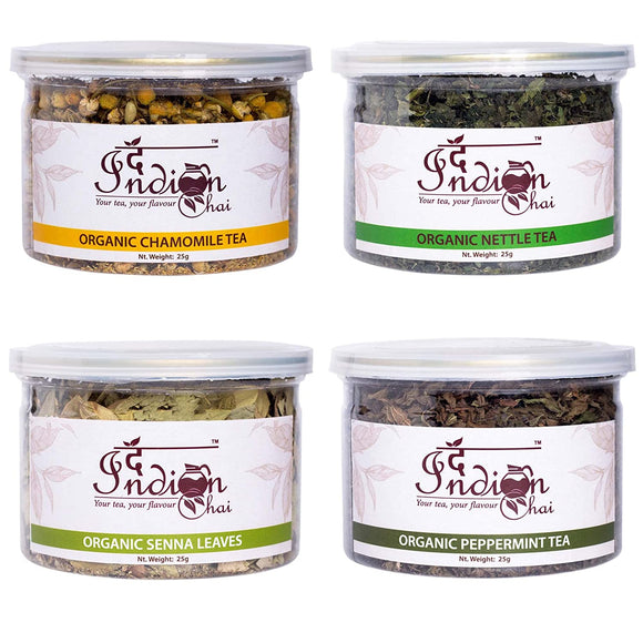 The Indian Chai - Combo, Chamomile Tea, Nettle Tea, Peppermint Tea and Senna Tea, Herbal Tea, 25g Each, (4 x 25g)