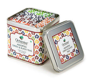Octavius Assortment of 6 Tea Flavors in Black & Green Teas in an Elegant Gift Box - 25 Enveloped Teabags | Diwali Tea Gift Set For Family, Friends, Office Staff And Clients | Variety Gift Pack