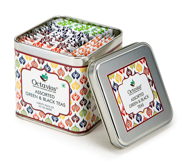 Octavius Assortment of 6 Tea Flavors in Black & Green Teas in an Elegant Gift Box - 25 Enveloped Teabags | Diwali Tea Gift Set For Family, Friends, Office Staff And Clients | Variety Gift Pack