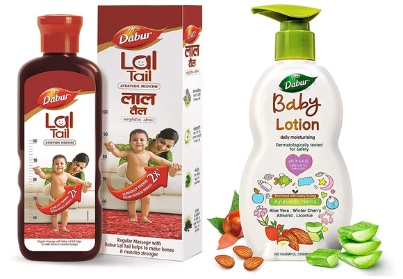 Dabur Lal Tail 500ml – Ayurvedic Baby Oil 500 ml & Dabur Baby Lotion: daily moisturising lotion enriched with baby loving ayurvedic herbs- 500ml