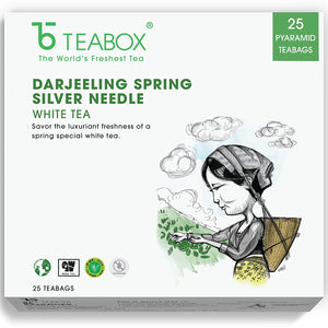 Teabox Fresh High Altitude Darjeeling Silver Needle White Tea | 100% Handrolled Silver Needles from Full White Buds | Contains 25 Pyramig Teabags