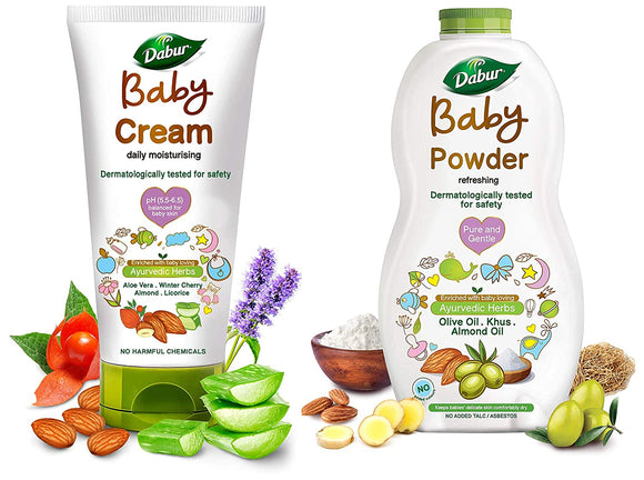 Dabur Baby Cream: daily moisturising cream enriched with baby loving ayurvedic herbs- 200g & Dabur Baby Powder: Refreshing Baby Powder Enriched with baby loving Ayurvedic Herbs- 300g