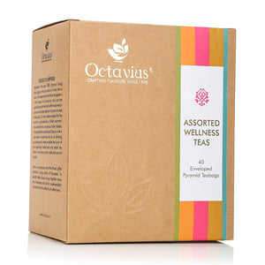 Octavius Assorted Wellness Teas - 40 Enveloped Pyramid Tea Bags | Assortment of 5 Wellness Teas in Easy to Use Pyramid Teabags | Tulsi Delight | Kashmiri Kahwa|Rose Glow | Turmeric Spiced| Mint Digest