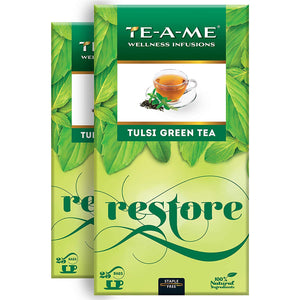 TE-A-ME Restore Tulsi Green Tea, Pack of 2 Boxes with 25 Tea Bags in Each Box (2 Boxes x 25 Tea Bags = 50 Tea Bags) | 100% Natural Ingredients - Green Tea, Tulsi (Basil)