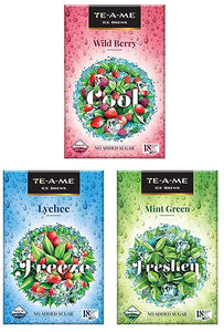 TE-A-ME Ice Brews Cold Brew Ice Infusion,Wild Berry,18 Pyramid Infusion Bags-Ice Brews Cold Brew Ice Infusion,Lychee,18 Pyramid Infusion Bags-Ice Brews Cold Brew Ice Tea, Green Mint, 18 Pyramid Bags
