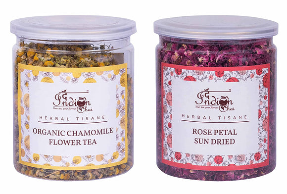 The Indian Chai - Organic Chamomile Flower Tea and Rose Petals Sun Dried Combo, 50g Each, Herbal Tea, Caffeine Free