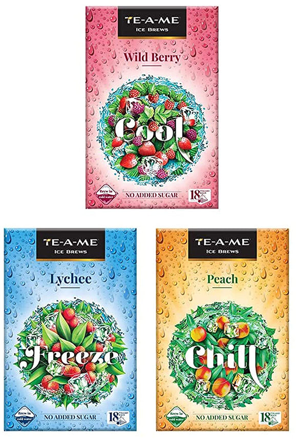 TE-A-ME Ice Brews Cold Brew Ice Infusion, Wild Berry, 18 Pyramid Infusion Bags-Ice Brews Cold Brew Ice Infusion,Lychee,18 Pyramid Infusion Bags-Ice Brews Cold Brew Ice Tea, Peach, 18 Pyramid Tea Bags