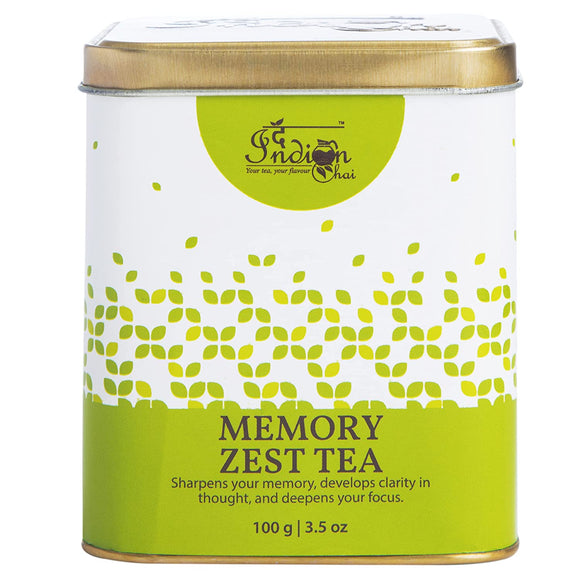 The Indian Chai - Memory Zest Tea 100g with Brahmi, Ashwagandha, Ginseng, Red Clover etc for Memory, Focus, Clarity, Herbal Tea with Super Brain Herbs