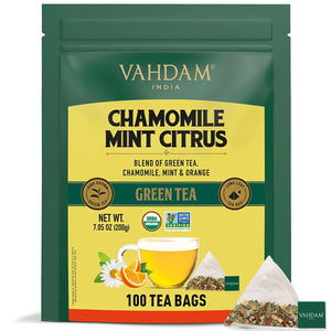 VAHDAM Organic Chamomile Tea with Mint & Citrus - Green Tea Bags 100 pcs| USDA Certified Green Tea for Weight Loss| 100% Fresh and Organic Green Tea, 100 Pyramid Tea Bags