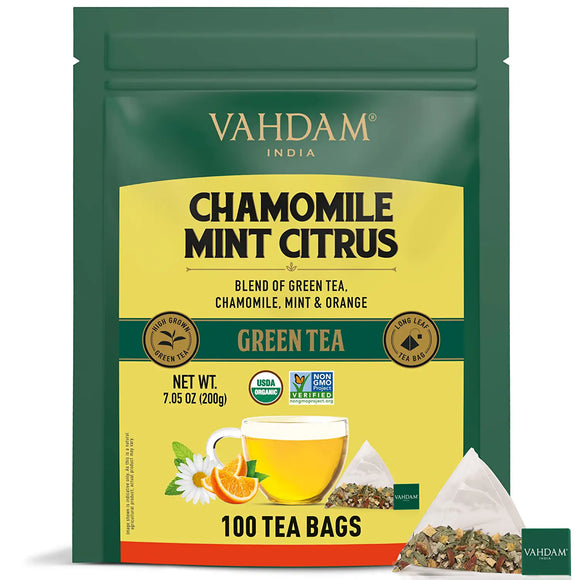 VAHDAM Organic Chamomile Tea with Mint & Citrus - Green Tea Bags 100 pcs| USDA Certified Green Tea for Weight Loss| 100% Fresh and Organic Green Tea, 100 Pyramid Tea Bags