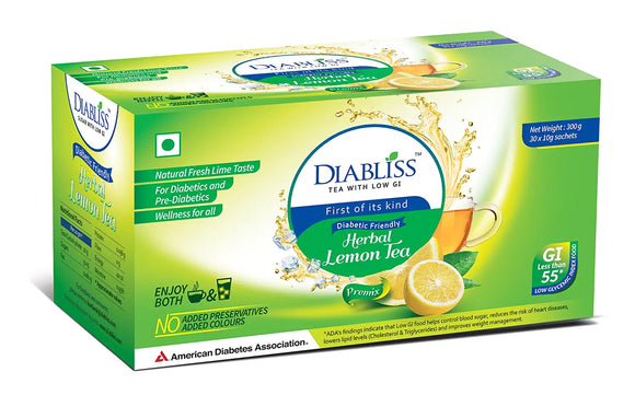 DiaBliss Herbal Diabetic Friendly Herbal Lemon Tea - Low GI - 30 x 10 Grams Sachet Box