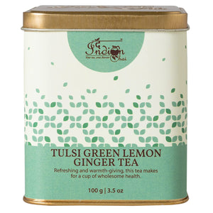 The Indian Chai - Tulsi Green Lemon Ginger Tea 100g with Rama Krishna Vana Basil, Lemon and Ginger for Immunity, Weight Loss, Sore Throat and Indigestion