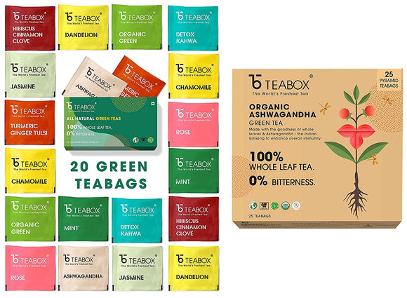 TEABOX - 100% Natural Immunity Boosting Green Tea Trial Pack & Ashwagandha Green Tea Bags 25 Pieces, For Immunity Boosting & Improved Memory, Whole Leaf, Natural Ashwagandha & Cardamom, 2 Free Samples
