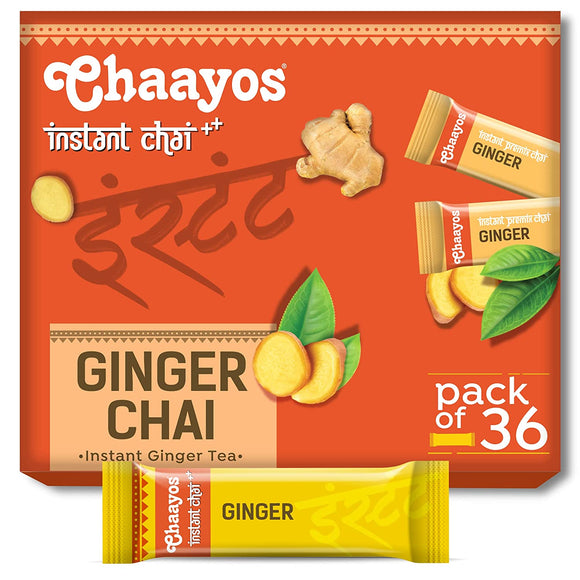 Chaayos Instant Tea Premix - Ginger - Regular Sugar (14g * 36 Sachets) (Makes 100 ml) | Ginger Tea | Adrak Chai | 1 Min Tea | Masala Ginger Tea Powder | Premix Tea | Adrak Chai | Assam Tea | Desi Chai |