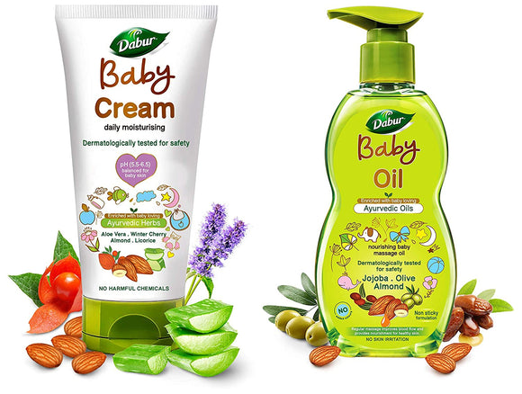 Dabur Baby Cream: daily moisturising cream enriched with baby loving ayurvedic herbs- 200g & DABUR Baby Oil: Nourishing Baby Massage Oil enriched with Baby Loving ayurvedic Herbs- 500ml