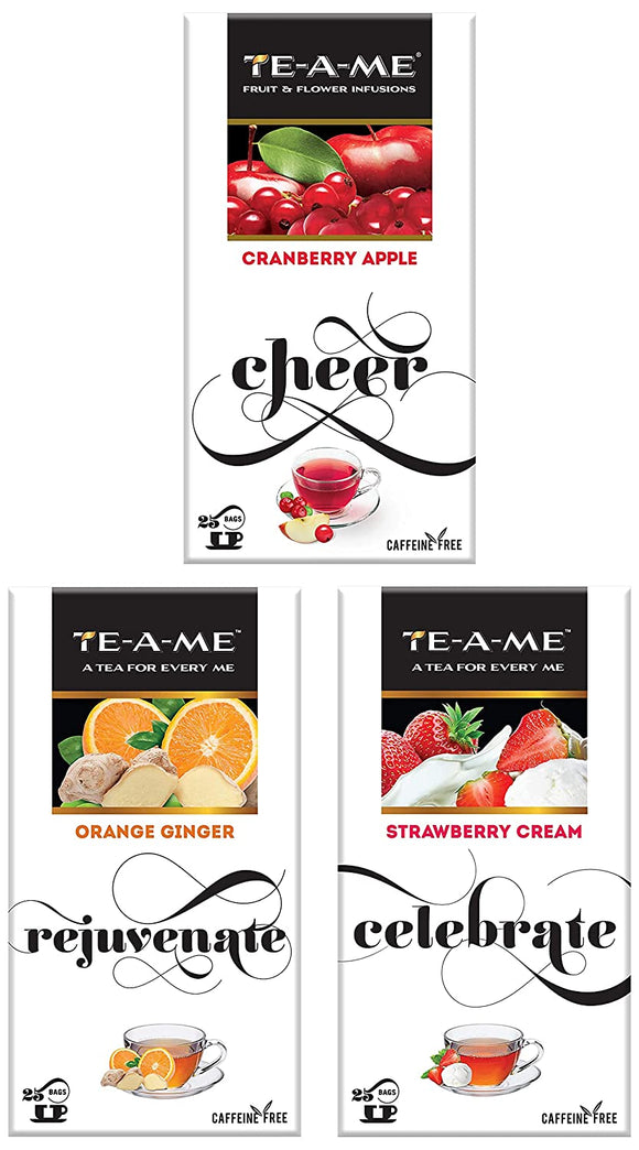 TE-A-ME Cranberry Apple Infusion, 25 Tea Bags (2 Flavored Bags Free) - Orange Ginger Herbal Infusion Tea, Pack of 25 Tea Bags - Strawberry Cream Infusion, 25 Tea Bags (3 Flavored Bags Free)