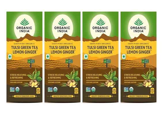 Organic India Tulsi Green Tea, Lemon Ginger, 25 Tea Bags ( Pack of 4 )