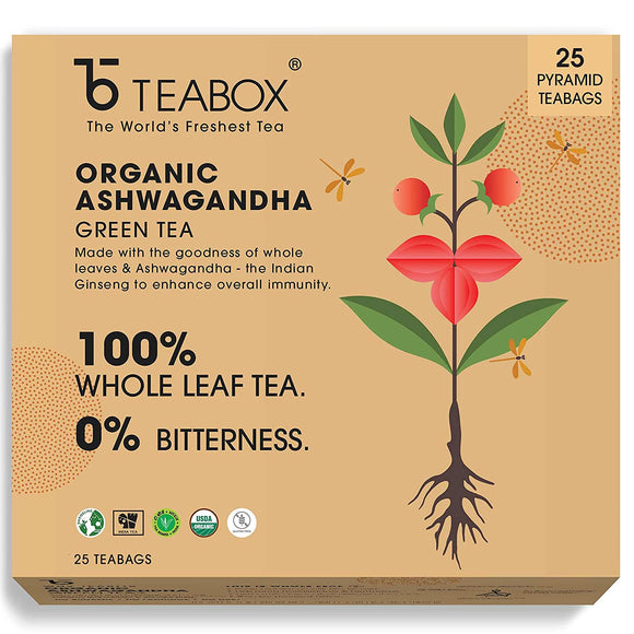 Teabox Ashwagandha Green Tea Bags 25 Pieces | For Immunity Boosting & Improved Memory | Made with 100% Whole Leaf, Natural Ashwagandha & Cardamom