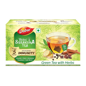 Dabur Vedic Suraksha Green Tea | Builds Immunity | Contains Ayurvedic Herbs Like Tulsi , Daalchini , Shunthi , Black Pepper and Kishmish -25 Tea Bags