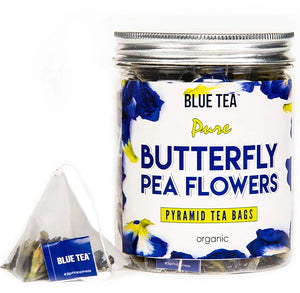 BLUE TEA - Butterfly Pea Flower 30 Pyramid Tea Bags , Natural Color for Iced Tea, Cooler, Cocktails , Mocktails | 30 Pyramid Tea Bags - Herbal Tea - Tisane - High on Anti Oxidants |