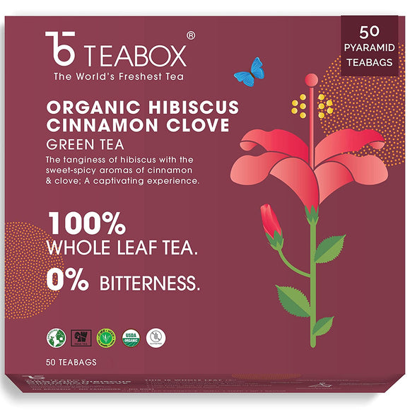 Teabox Organic Hibiscus Cinnamon Clove Green Tea Bags 50 pcs | Made with 100% Whole Leaf, Natural Hibiscus, Cinnamon & Clove | 2 Free Samples Included