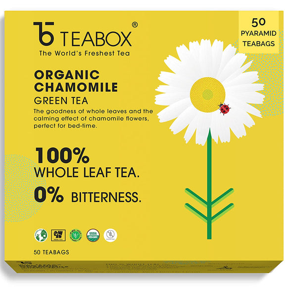 Teabox Chamomile Green Tea Bags 50 pcs | For Stress Relief & Good Sleep | Made with 100% Whole Leaf & Natural Chamomile Flowers | 2 Free Samples Included