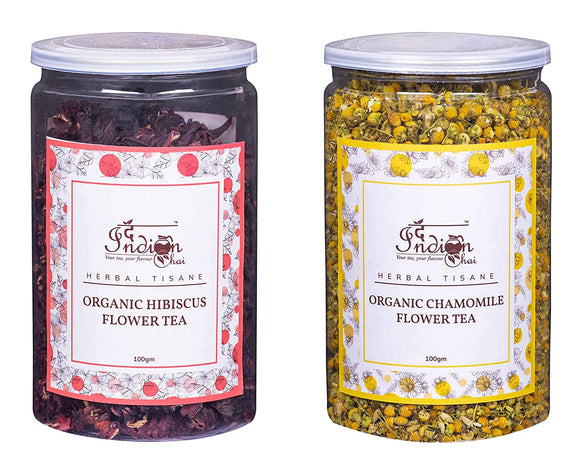 The Indian Chai - Organic Chamomile Flower Tea and Organic Hibiscus Flower Tea Combo, 100g each, Herbal Tea, Caffeine Free