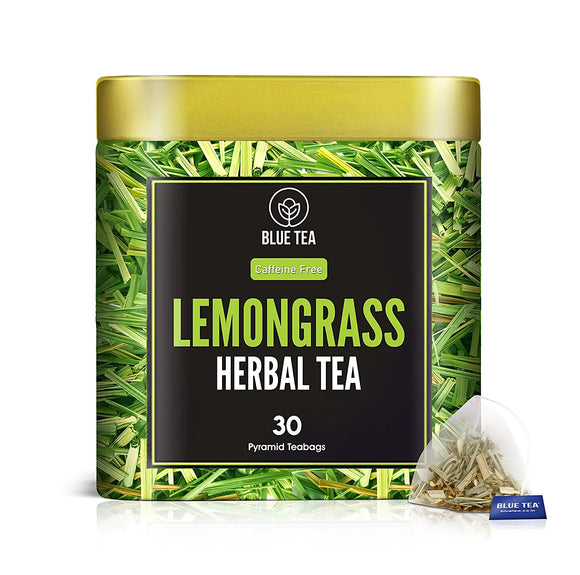 BLUE TEA - Lemongrass Herbal Tea - 30 Pyramid Tea Bags | Caffeine Free | Vibrant Citrus Flavor and Aroma - Premium Tin Pack