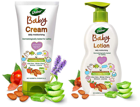 Dabur Baby Cream: daily moisturising cream enriched with baby loving ayurvedic herbs- 200g & Dabur Baby Lotion: daily moisturising lotion enriched with baby loving ayurvedic herbs- 500ml