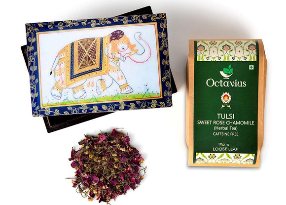 Octavius Tulsi Rose Chamomile Tisane Whole leaf tea in Darkwood Handcrafted Wooden gift box with Traditional Indian Elephant Pattern On The Lid | Caffeine Free | - 50 Gms ( 50 Servings )
